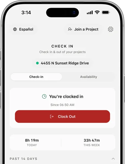 GroundUp Crew en iPhone — entrada registrada, un botón grande para salir