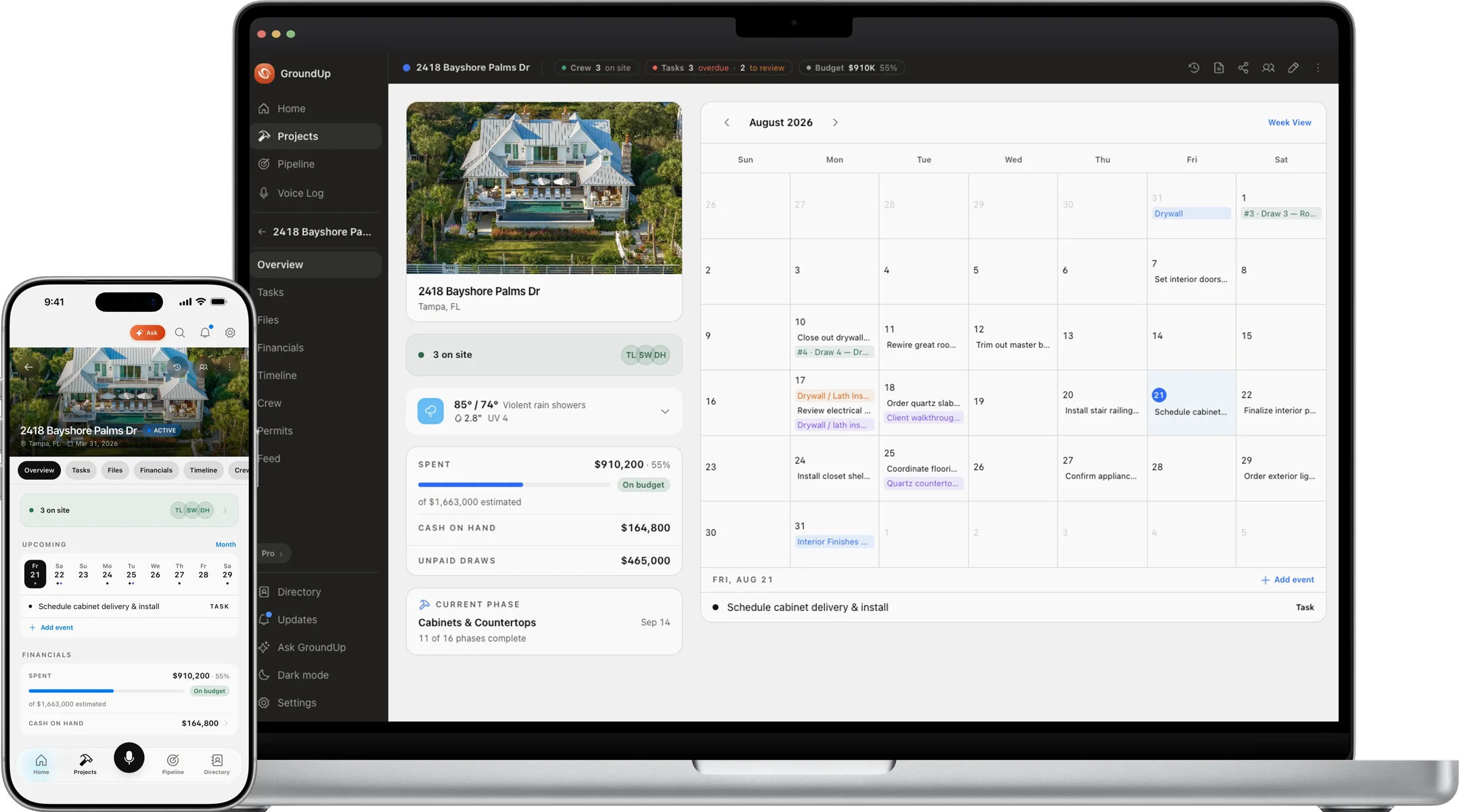 GroundUp en MacBook y iPhone — el mismo resumen del proyecto en vivo en los dos